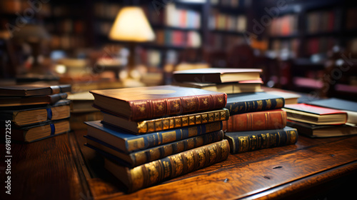 stack of hardcover books on a wooden table, with a lamp and bookshelves in the blurry background