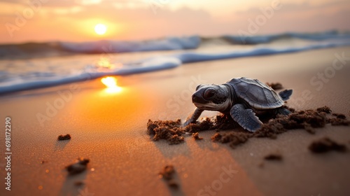 Create a captivating photograph of a baby sea turtle making its way from the nest to the ocean, depicting the challenging journey and the determination associated with hatching.