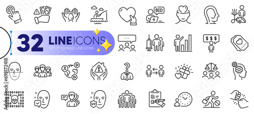 Outline set of Hiring employees, House protection and Cursor line icons for web with Binary code, Volunteer, People thin icon. Love ticket, Video conference, Mental health pictogram icon. Vector