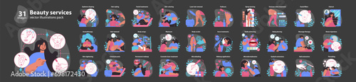 Beauty services set. Comprehensive self-care and wellness treatments. From skincare routines to hair styling and cosmetic enhancements. Flat vector illustration.