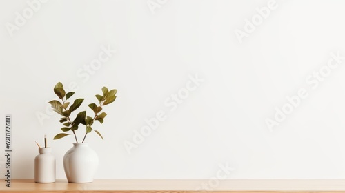 Empty home desk table background. Wooden table with a vase and a plant against a white wall in the living room of a home or office. Empty minimal scandinavian interior design background, 