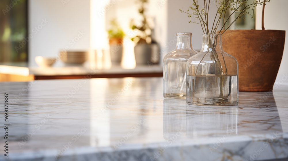 Close-up front view of empty white marble counter top for product display with clear glass vase, blurred minimal kitchen interior background. White and clean ambiance with natural light.