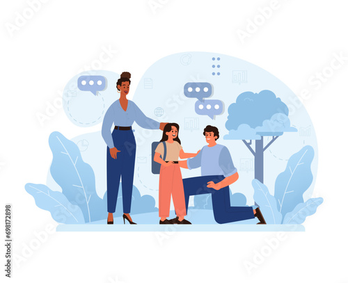 Blended Family Dynamics. A young girl stands close to her father, with her stepmother behind, against an urban backdrop with chat bubbles. Exploring step-parent relationships. Flat vector.