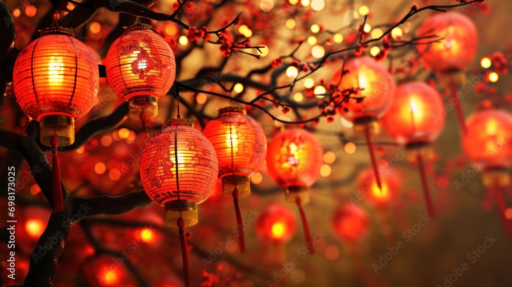Fototapeta premium Beautifully lit red lanterns hanging on branches against a glowing backdrop, evoking festivity and warmth