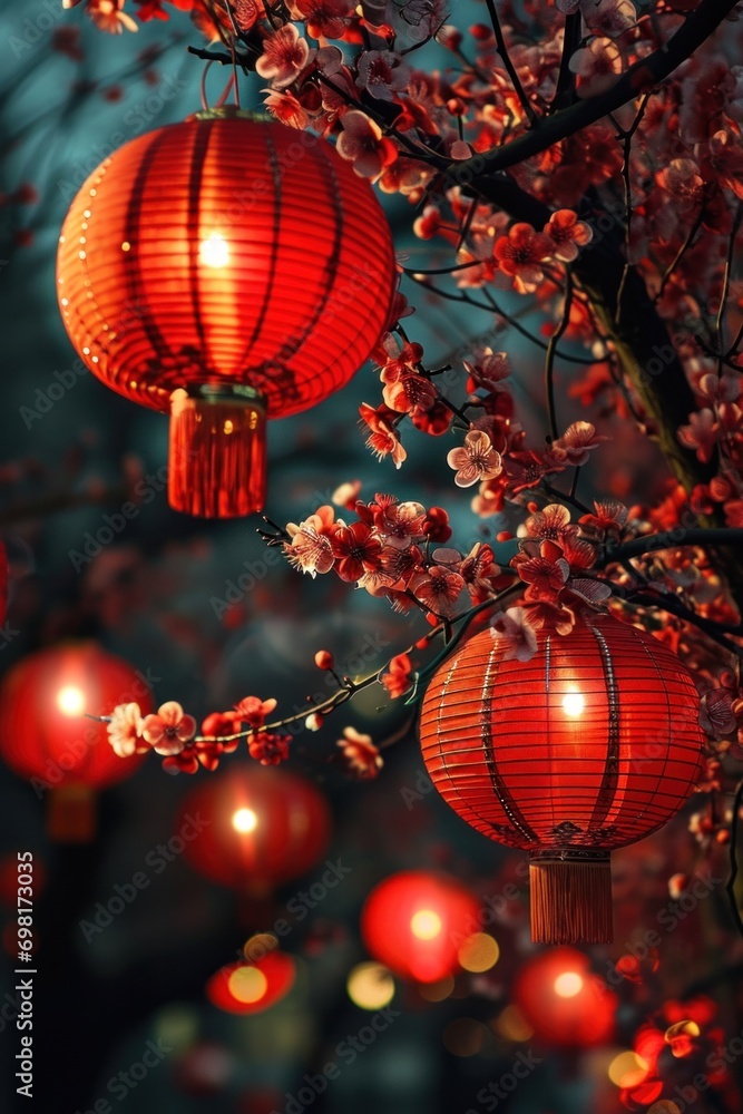 Radiant red lanterns glow warmly amongst the cherry blossoms, creating a captivating night scene with a festive feel Radiant red lanterns glow warmly amongst the cherry blossoms, creating a captivating night scene with a festive feel
