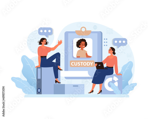 Child Custody Concept. Two women discuss custody details, with a digital representation of a child on screen. Navigating parental rights and child welfare. Flat vector illustration.