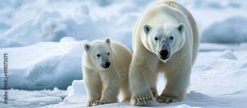 Ice-walking polar bear and cub.