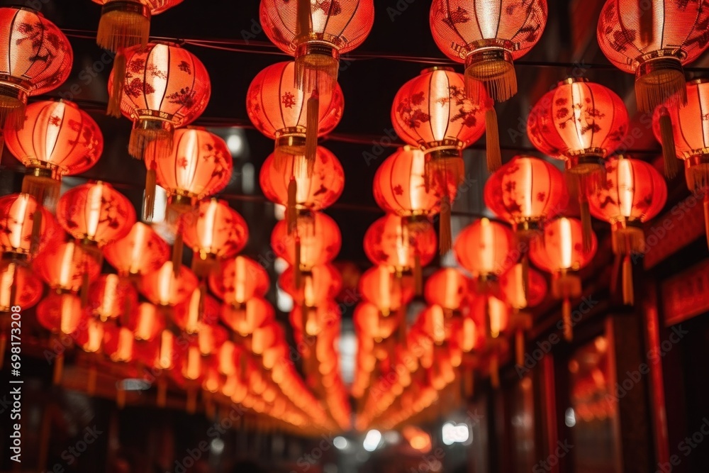 Evening ambience with a captivating string of red chinese lanterns softly glowing against a dark backdrop
