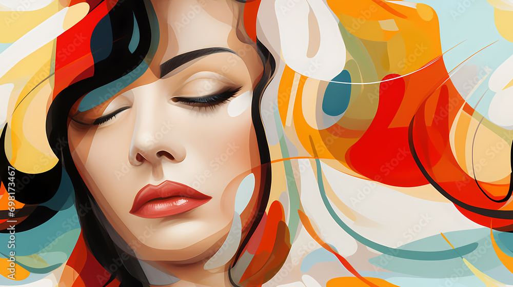 Fototapeta premium Abstract face of a beautiful woman seamless illustration, pattern in the style of Colorful Minimalism