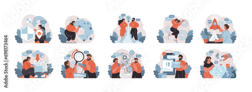 Dynamic workplace set. A suite of illustrations showcasing business professionals in scenarios ranging from cybersecurity to innovative startup launches and financial management. Flat vector.
