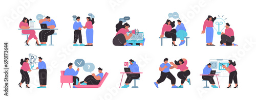 Workplace collaboration set. Diverse office scenarios with interactive staff engagement. Flat vector illustration.