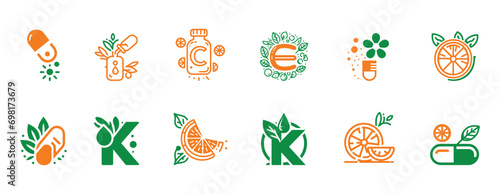 Unlocking the Power of Essential Nutrients: A Diverse Array of Striking Vector Icons Representing Vitamins C, K, E, and D for Holistic Health and Immune Well-Being
