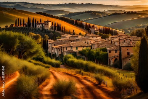 Tuscan road near Siena at sunset, a quaint village on a hillside, the warm hues of the setting sun illuminating the terracotta rooftops, olive groves in the background