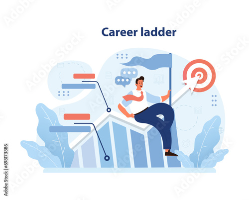 An empowered figure ascending the career ladder, symbolizing ambition and the pursuit of success. A metaphor for goal achievement in the workplace. Flat vector illustration.