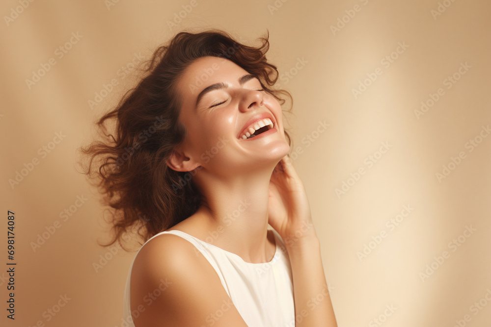 portrait of a beautiful happy smiling young woman isolated on beige background. skin care beauty, skincare cosmetics concept portrait of a beautiful happy smiling young woman isolated on beige background. skin care beauty, skincare cosmetics concept
