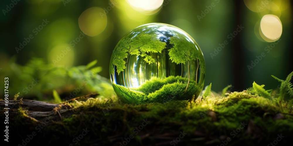 An award-winning color photograph of a crystal globe glass on moss in a green forest, symbolizing the concept of World Environment Day, renewable energy, sustainable development goals, An award-winning color photograph of a crystal globe glass on moss in a green forest, symbolizing the concept of World Environment Day, renewable energy, sustainable development goals,
