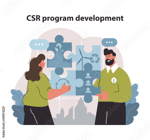 CSR strategy assembly visual. Collaborative shaping of corporate ethics and green practices. Integrating sustainability into the business puzzle. Flat vector illustration.