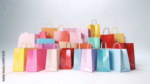 An avalanche of pastel colored shopping bags, bursting with energy and positivity. uplifiting vibe, super colorful and fun, very abundant and playful. white background. studio lighting,  photo