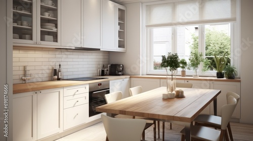 Kitchen design in a townhome or a single house in the Scandinavian theme, pearl white, minimalist style, can be practical. There is a light with sink and hood  © sambath