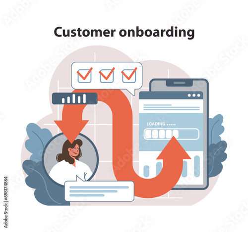 Customer onboarding concept. Efficient digital process guiding a new user through initial setup, ensuring smooth transition with interactive interface steps. Streamlined introduction. Flat vector.