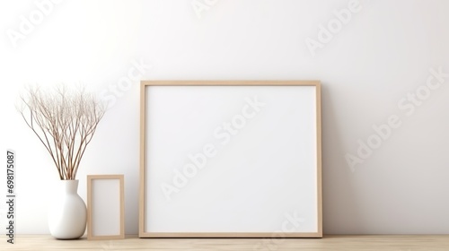 Mock-up landscape picture frame aspect ratio 16:9 on the table in the white cozy interior hyper