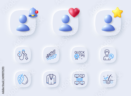 Charging cable, Training results and Quick tips line icons. Placeholder with 3d bell, star, heart. Pack of Online voting, Search people, Mineral oil icon. Suit, Anti-dandruff flakes pictogram. Vector