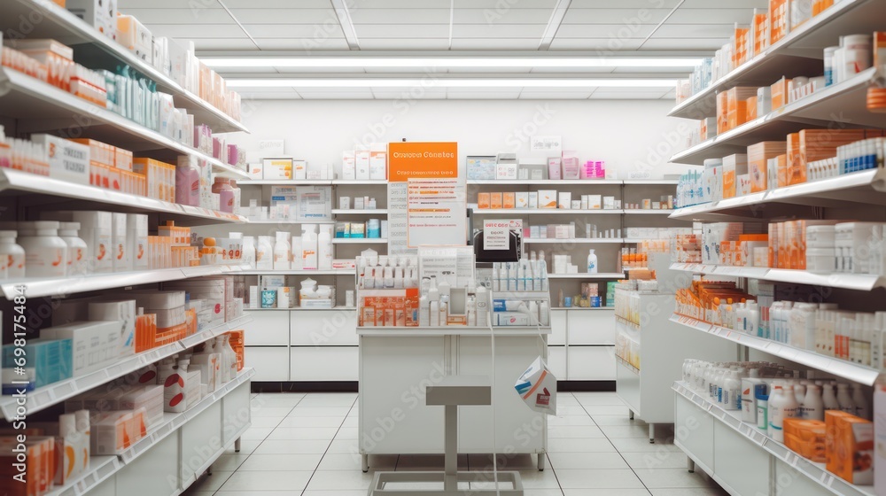 Photo of inside pharmacy shop, shelves with many medicine and otc products, ultra photo realistic