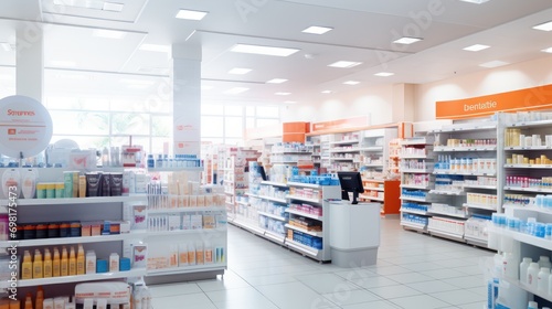 Photo of inside pharmacy shop, shelves with many medicine and otc products, ultra photo realistic © sambath