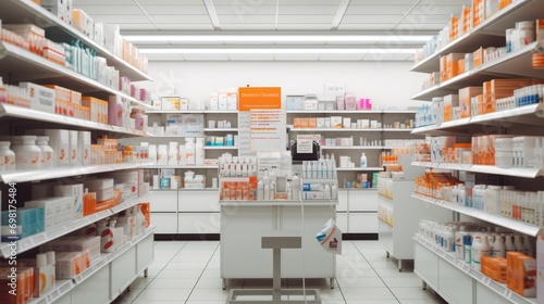 Photo of inside pharmacy shop, shelves with many medicine and otc products, ultra photo realistic photo