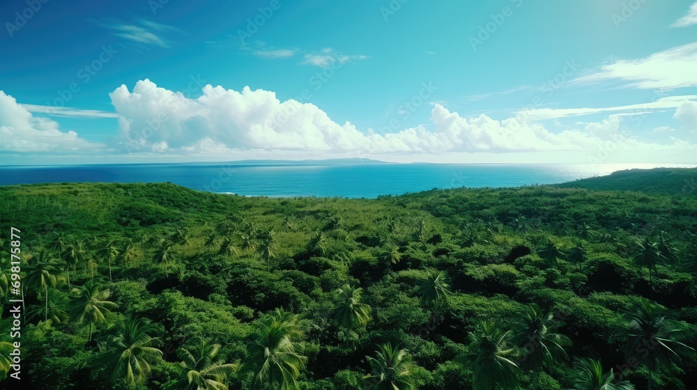 Naklejka premium A bird's-eye view of green trees and blue sky, degree offset method, Caribbean, 64K, hyper quality