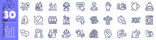 Video conference, Timer and Fake information line icons pack. Agent, Fire energy, Backpack web icon. Keys, Cashback card, Justice scales pictogram. People voting, Opinion, Water drop. Vector