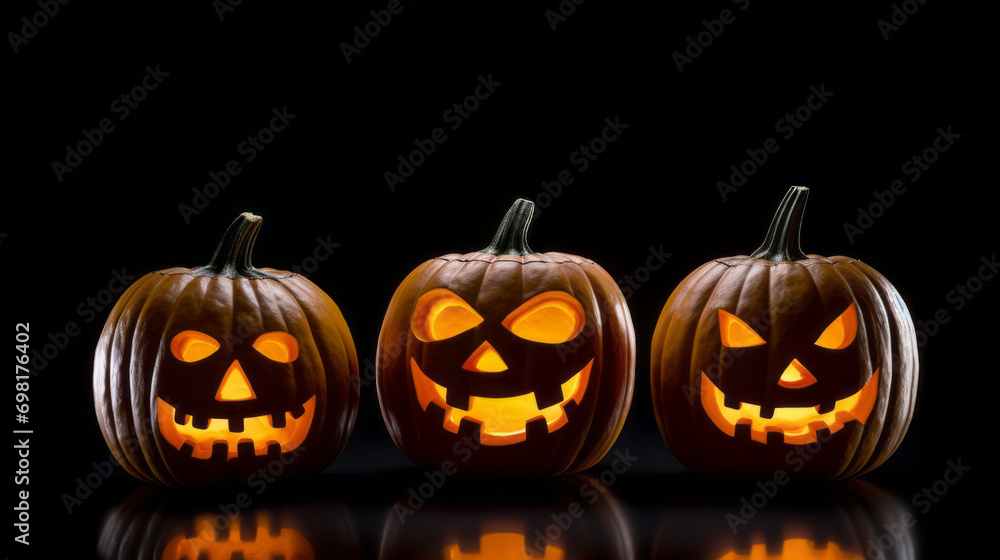 Three glowing Halloween pumpkins on black background. Decoration for horrifying party. A holiday of fear and horror. Three glowing Halloween pumpkins on black background. Decoration for horrifying party. A holiday of fear and horror.