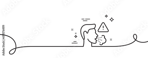 Cough line icon. Continuous one line with curl. Coronavirus symptom sign. Flu, sneeze or pneumonie symbol. Cough single outline ribbon. Loop curve pattern. Vector