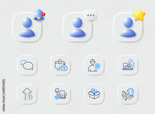 Packing things, Money box and Energy growing line icons. Placeholder with 3d star, reminder bell, chat. Pack of Messenger, International flight, Engineer icon. Salary, Online storage pictogram. Vector