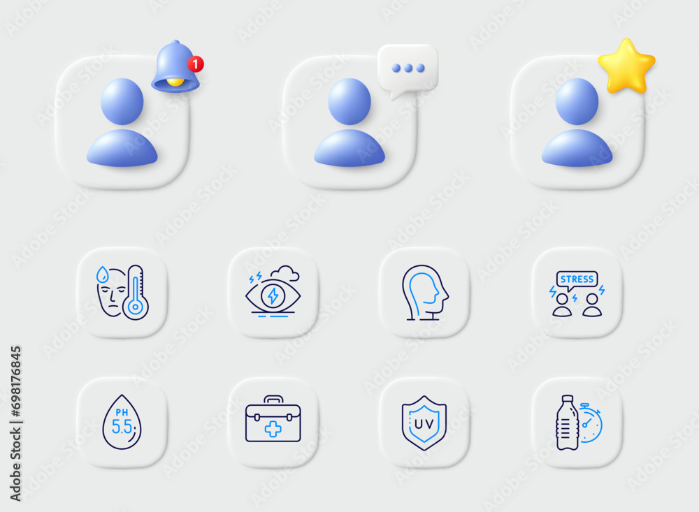 Uv protection, Fever and Stress line icons. Placeholder with 3d star, reminder bell, chat. Pack of Ph neutral, Difficult stress, First aid icon. Fitness water, Psychology pictogram. Vector Uv protection, Fever and Stress line icons. Placeholder with 3d star, reminder bell, chat. Pack of Ph neutral, Difficult stress, First aid icon. Fitness water, Psychology pictogram. Vector