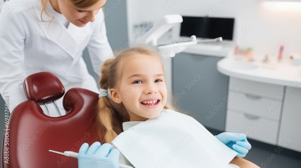 Small happy girl with a female dentist getting treatment on dental chair in a dental clinic Small happy girl with a female dentist getting treatment on dental chair in a dental clinic