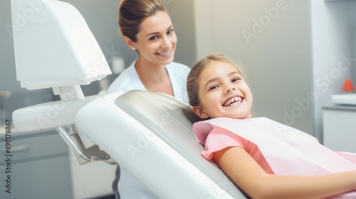 Small happy girl with a female dentist getting treatment on dental chair in a dental clinic
