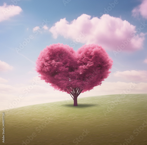 A tree in the shape of a heart color pink  background of a landscape. Valentine's Day background. © boyhey