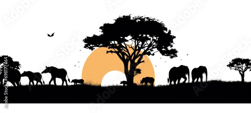 Black silhouette of wild animals, trees and sun, isolated on transparent background.