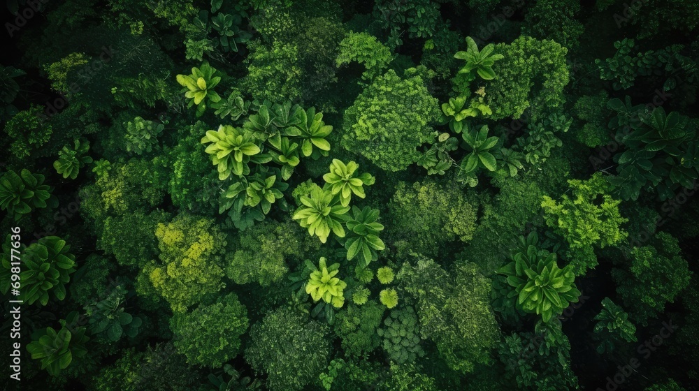From a bird's eye view, we can see a green forest with many different kinds of trees and plants, macro photography, Tropical, 64K, high detail