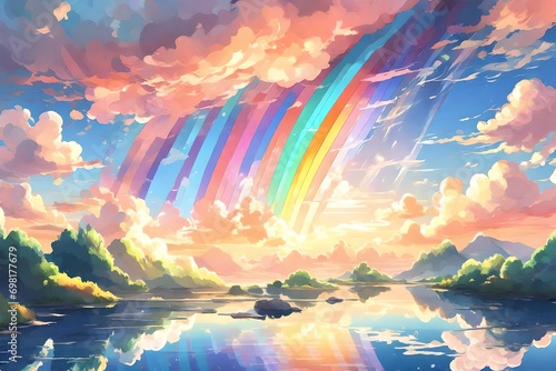 Anime drawing of colorful clouds and a rainbow on the sky. 