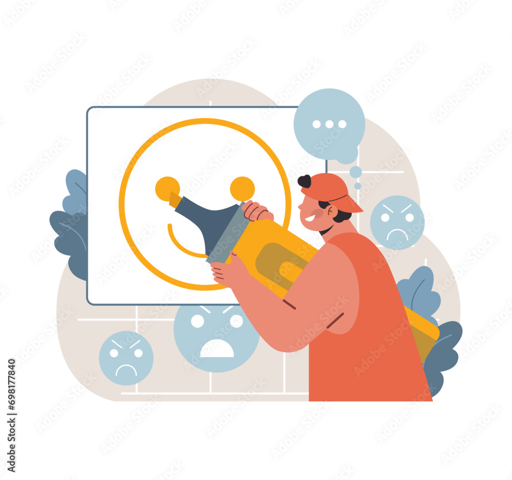 Man presenting the essence of happiness on a screen. Demonstrating joy while facing mixed emotions, conveying positivity. Sharing insights and emotional balance. Flat vector illustration Man presenting the essence of happiness on a screen. Demonstrating joy while facing mixed emotions, conveying positivity. Sharing insights and emotional balance. Flat vector illustration