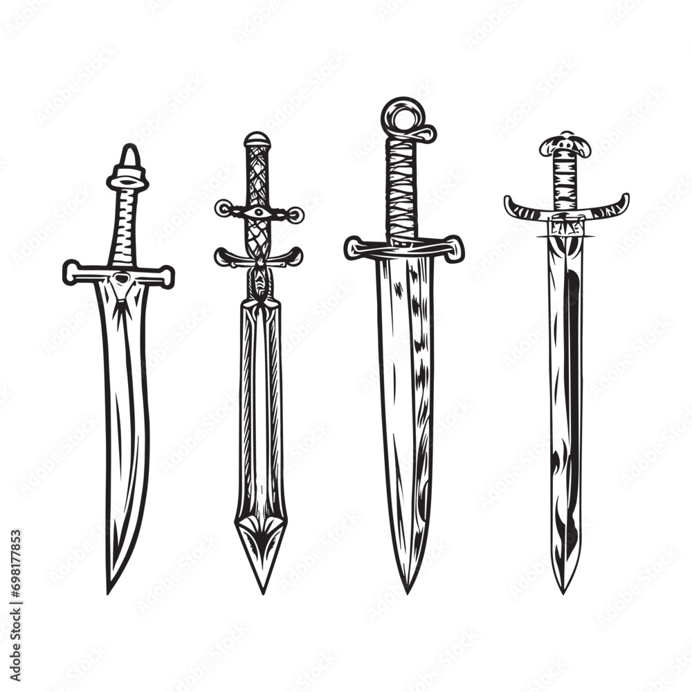 Medieval Vector Icons Thin Line Silhouettes of Military Weapons and Armor for Graphic Design - obrazy, fototapety, plakaty 