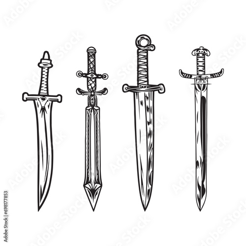 Medieval Vector Icons Thin Line Silhouettes of Military Weapons and Armor for Graphic Design photo