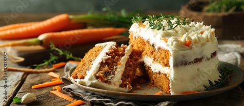 Carrot cake and fresh carrot displayed on table. photo