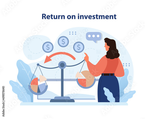 Return on investment concept. Woman evaluates profit balance, measuring financial gains and growth. ROI analysis, efficient strategy. Flat vector illustration.