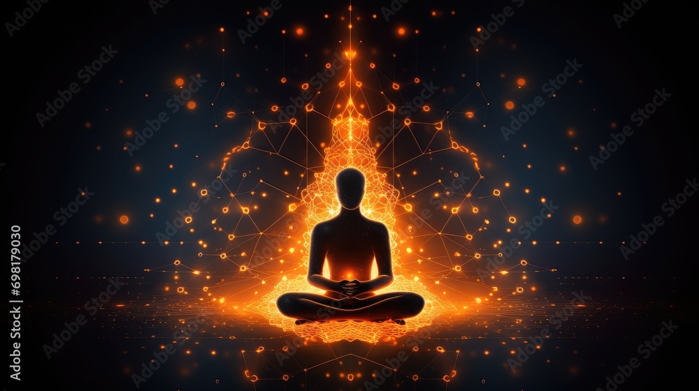 Yoga lotus pose, icon shaped with orange neural connection lines and glowing dots,binary, background, copy space Yoga lotus pose, icon shaped with orange neural connection lines and glowing dots,binary, background, copy space