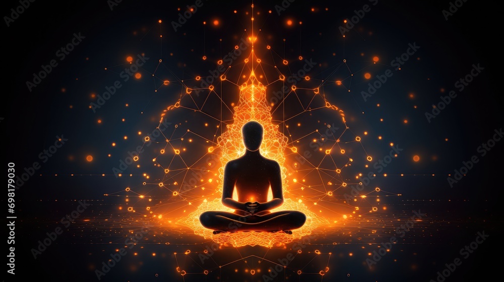 Yoga lotus pose, icon shaped with orange neural connection lines and glowing dots,binary, background, copy space