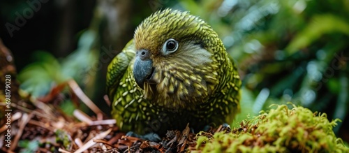 The Kakapo, a highly endangered parrot from New Zealand, is nocturnal, flightless, and a herbivore. photo