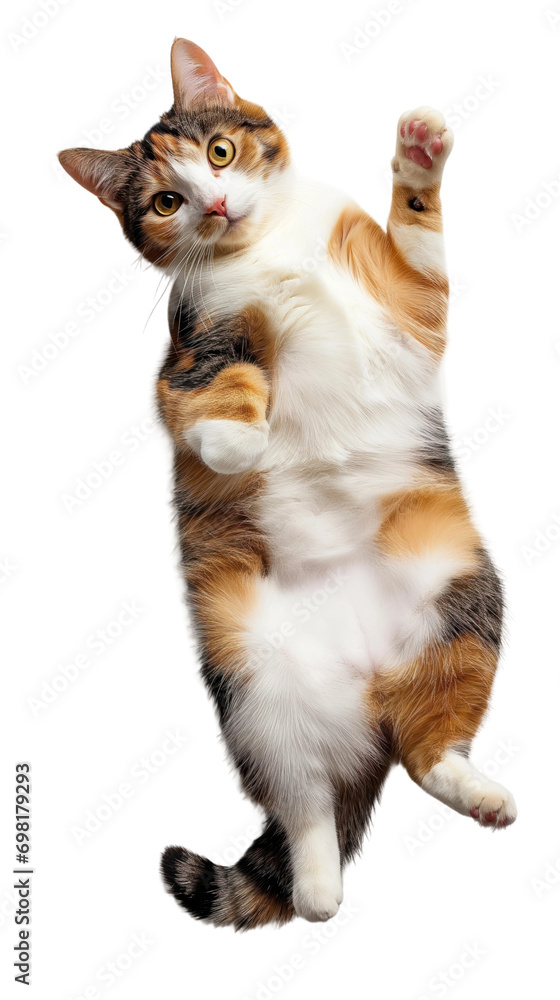 Cute Calico cat lying on back and showing belly isolated on white or transparent background, png clipart, design element. Easy to place on any other background. - obrazy, fototapety, plakaty 